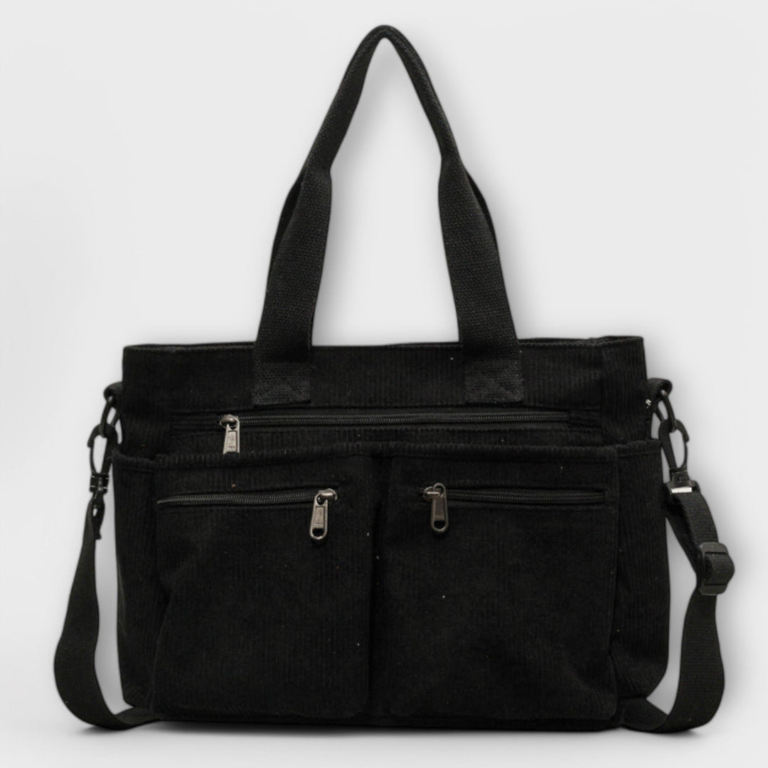 Tote Bag Women Multi Pocket Canvas | Zip Front and Crossbody Strap – Black #colour_black