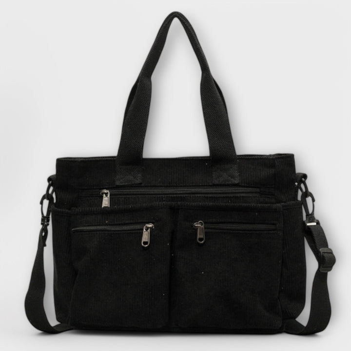 Tote Bag Women Multi Pocket Canvas | Zip Front and Crossbody Strap – Black #colour_black
