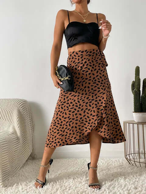Midi Skirt Women Wrap Front | Tie Waist and an Abstract Print – Brown #colour_brown