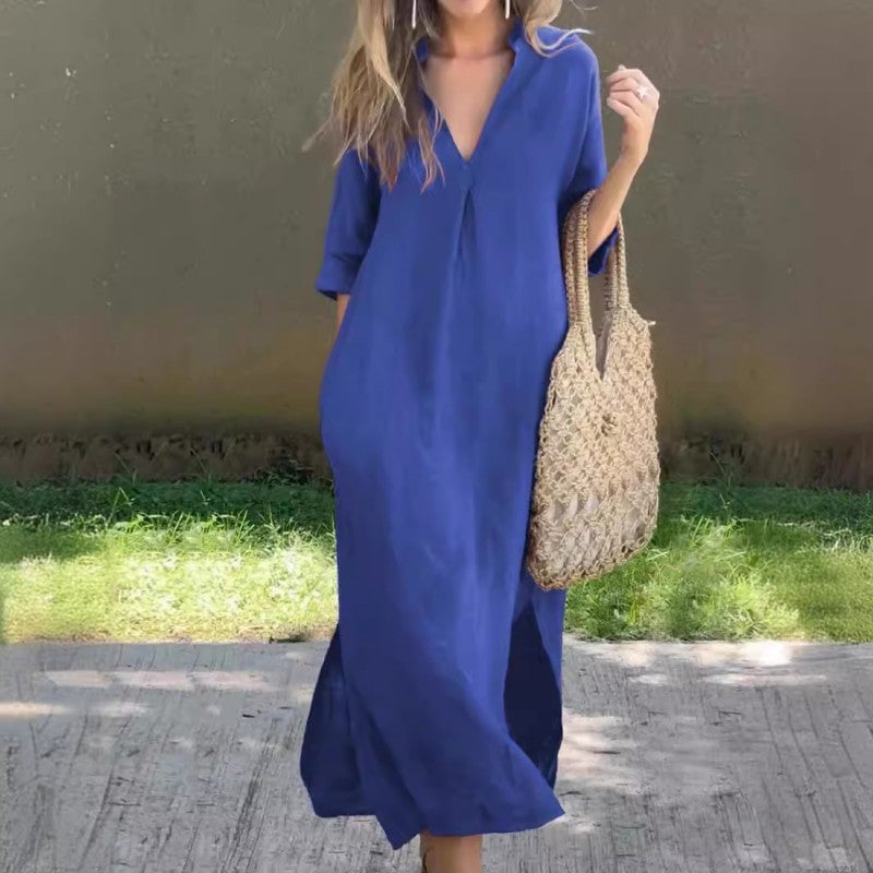 Midi Sundress Women with Full Length in Blue#colour_blue