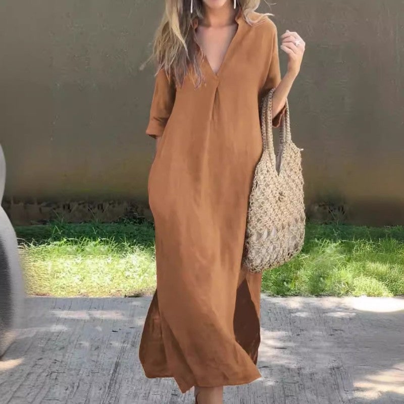 Midi Sundress Women with Full Length in Brown#colour_brown