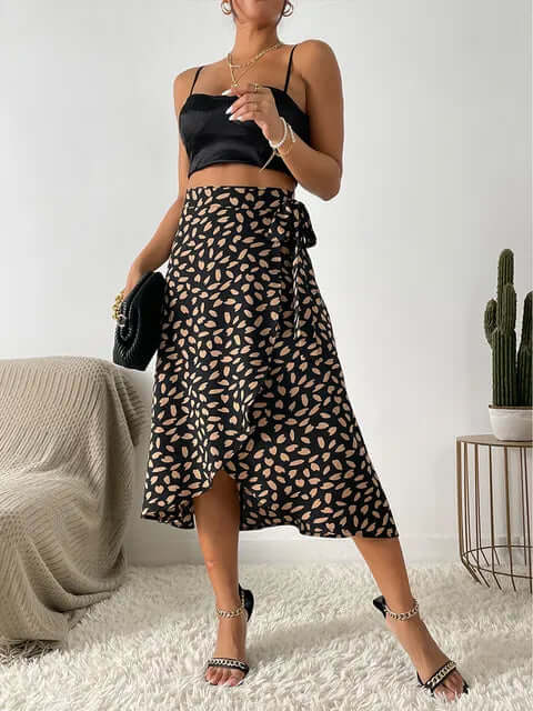Midi Skirt Women Wrap Front | Tie Waist and an Abstract Print – Black #colour_black
