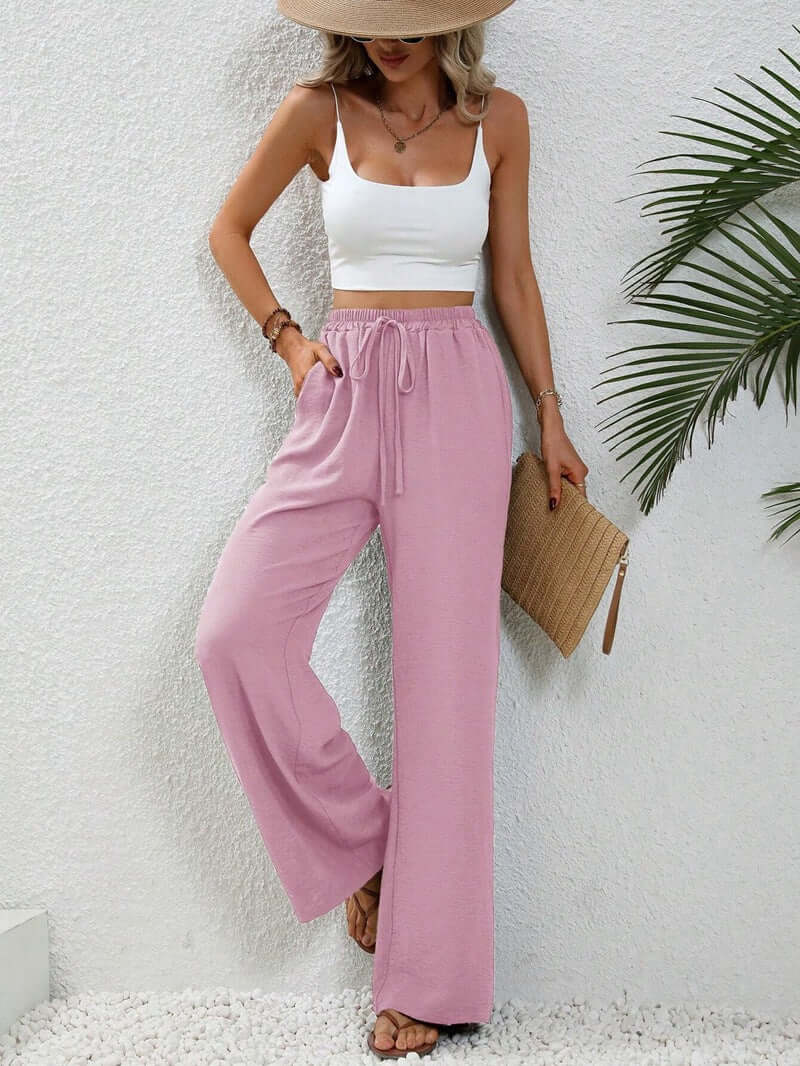Linen Pants Women High Drawstring | Wide Leg in a Bright Cobalt – Pink #colour_pink