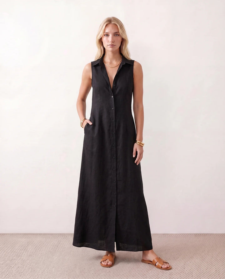 Shirt Dress Women Button Through | Sleeveless Linen with Pockets – Black #colour_black