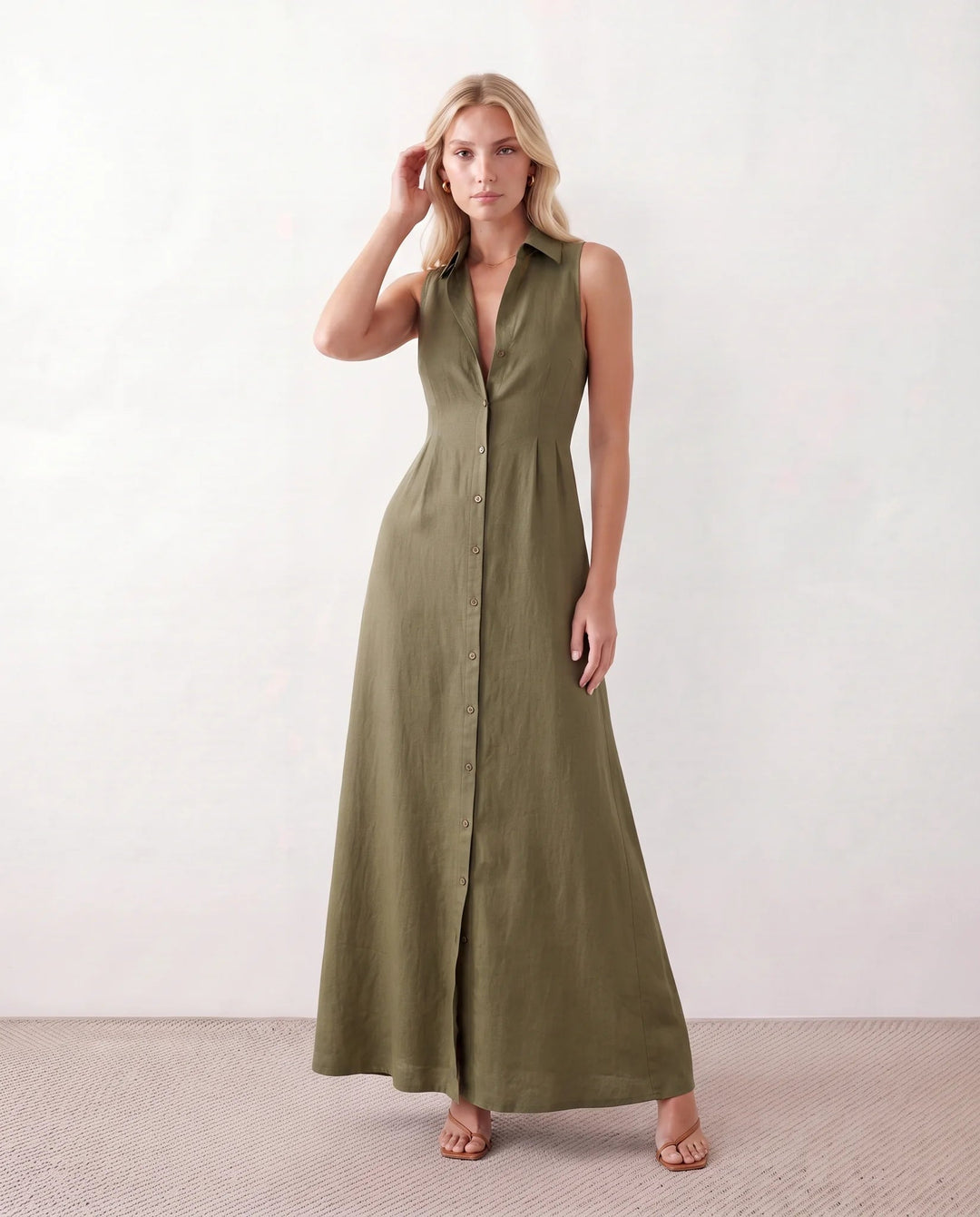 Shirt Dress Women Button Through | Sleeveless Linen with Pockets – Green #colour_green