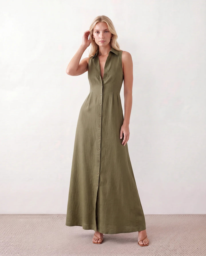 Shirt Dress Women Button Through | Sleeveless Linen with Pockets – Green #colour_green