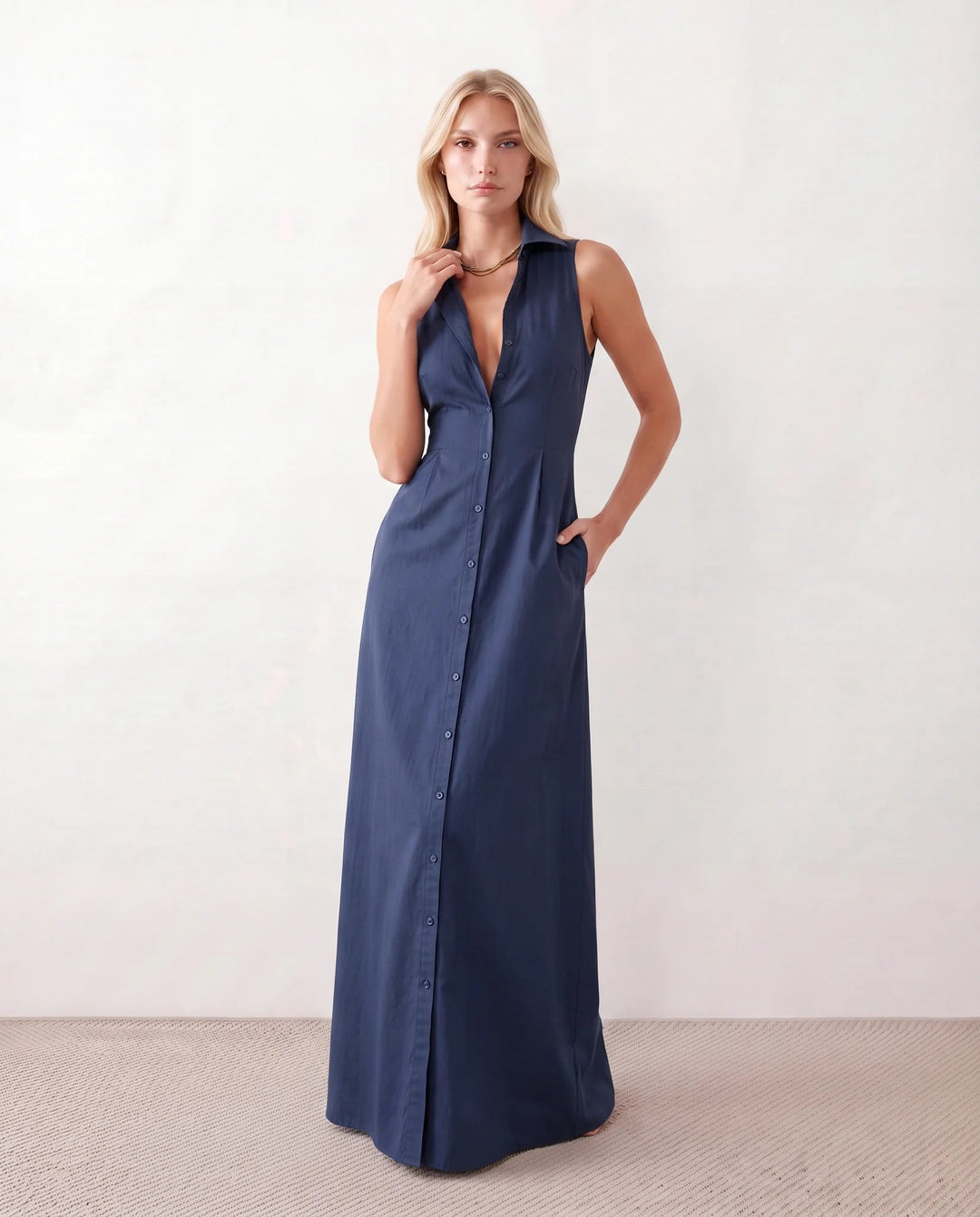 Shirt Dress Women Button Through | Sleeveless Linen with Pockets – Navy #colour_navy