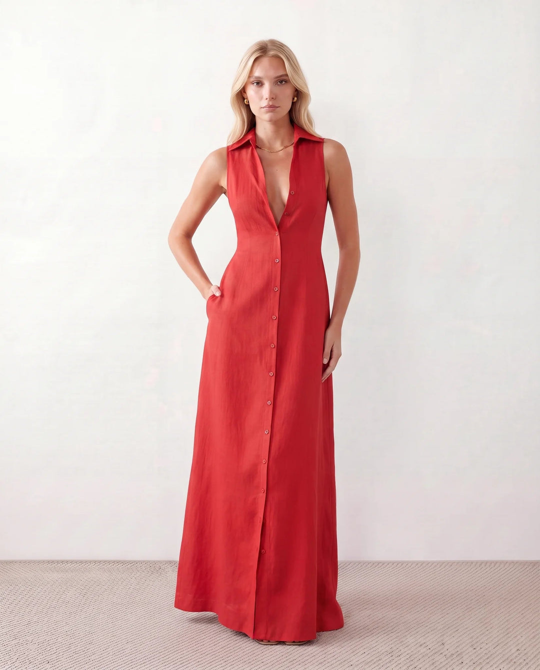 Shirt Dress Women Button Through | Sleeveless Linen with Pockets – Red #colour_red