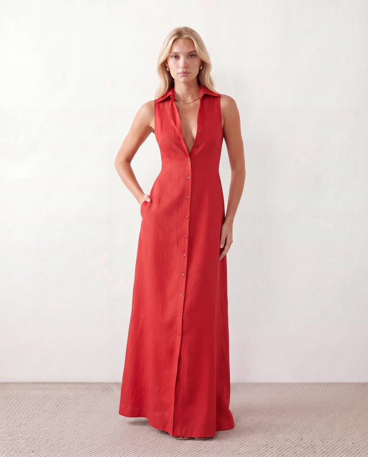 Shirt Dress Women Button Through | Sleeveless Linen with Pockets – Red #colour_red