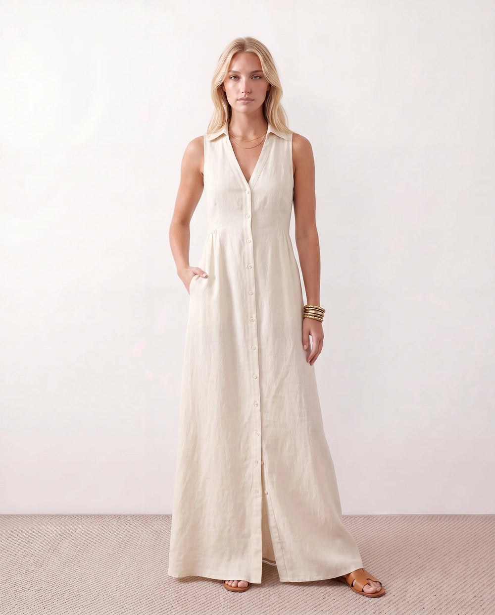 Shirt Dress Women Button Through | Sleeveless Linen with Pockets – White #colour_white