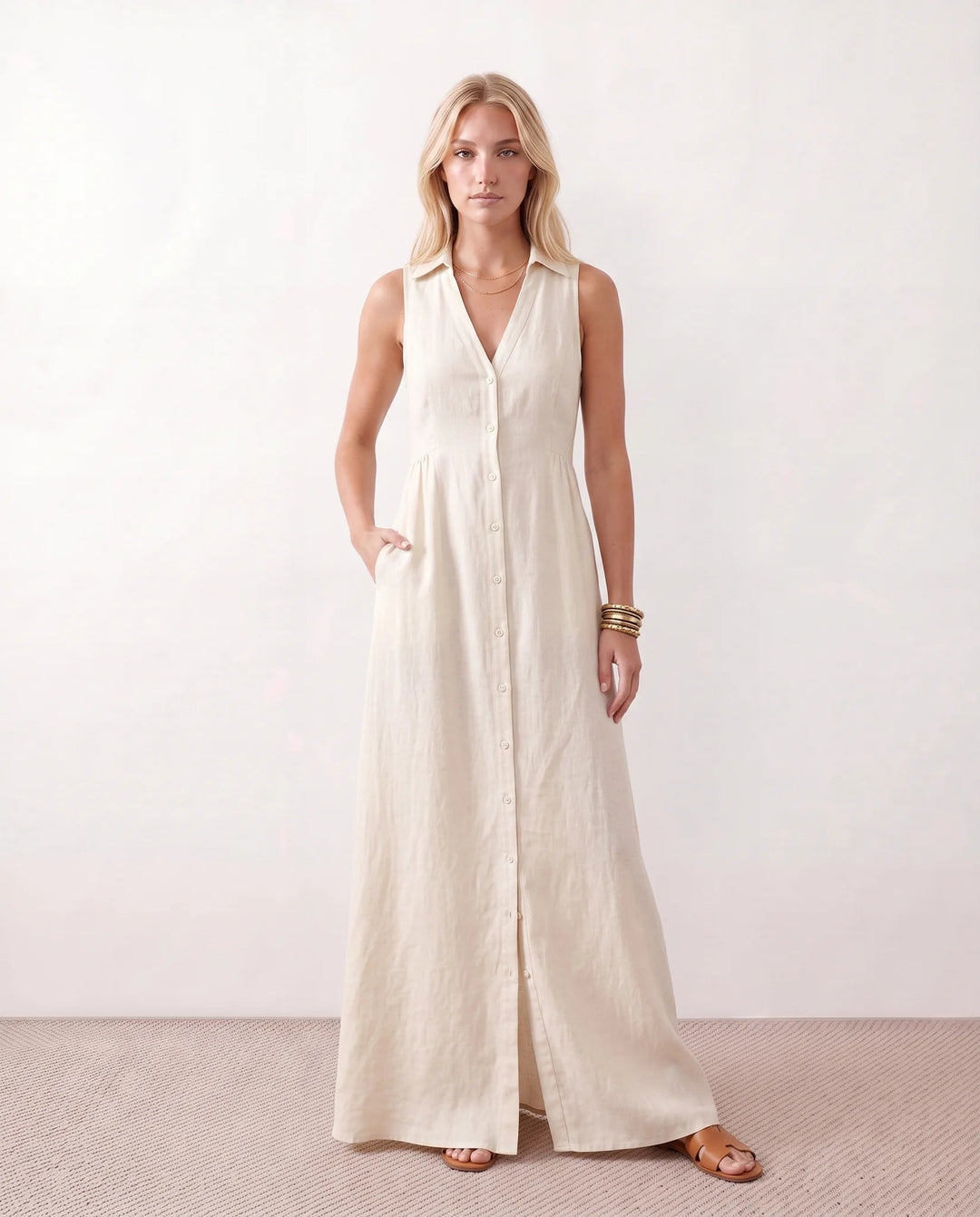 Shirt Dress Women Button Through | Sleeveless Linen with Pockets – White #colour_white