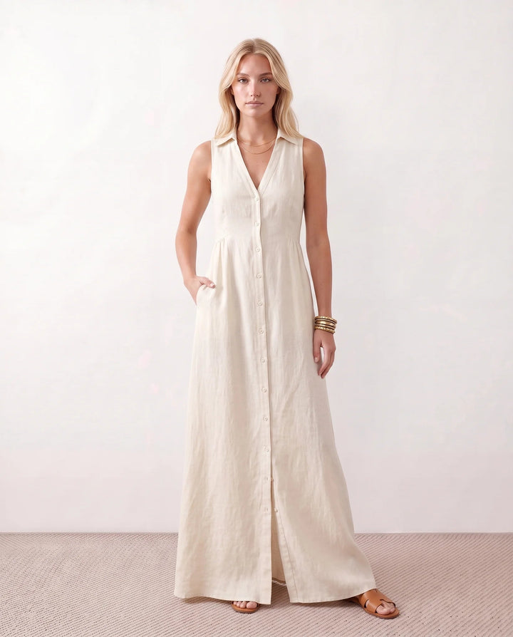 Shirt Dress Women Button Through | Sleeveless Linen with Pockets – White #colour_white