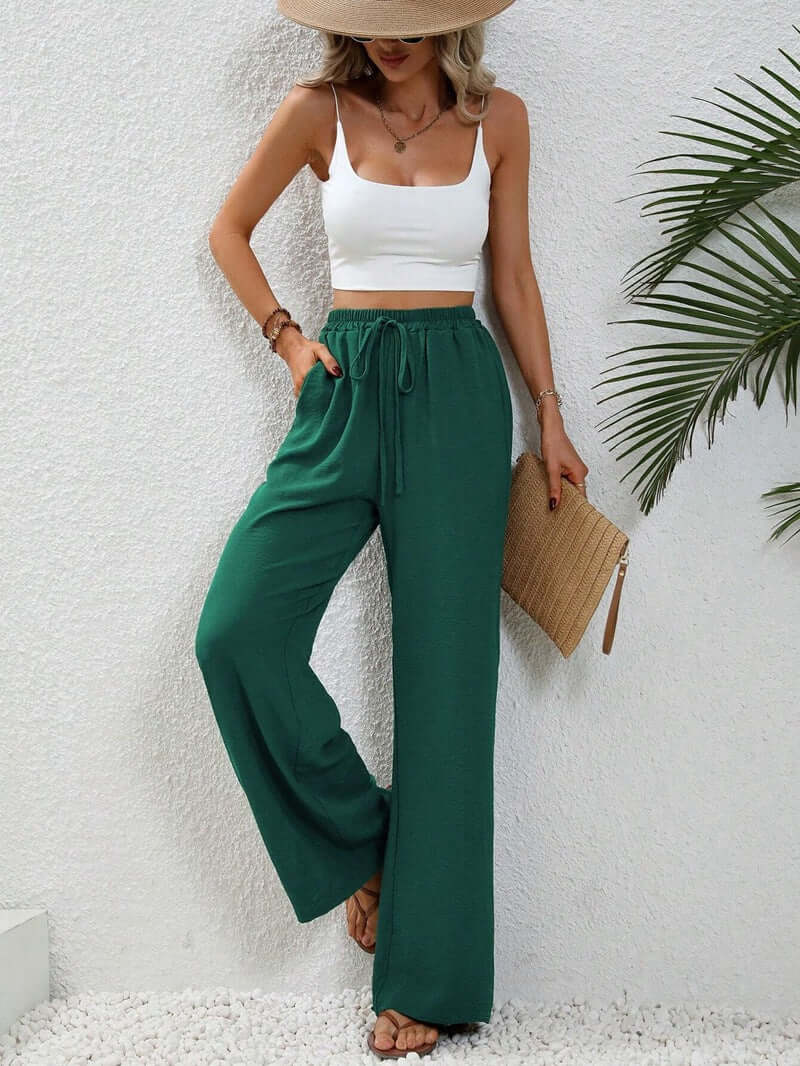 Linen Pants Women High Drawstring | Wide Leg in a Bright Cobalt – Green #colour_green