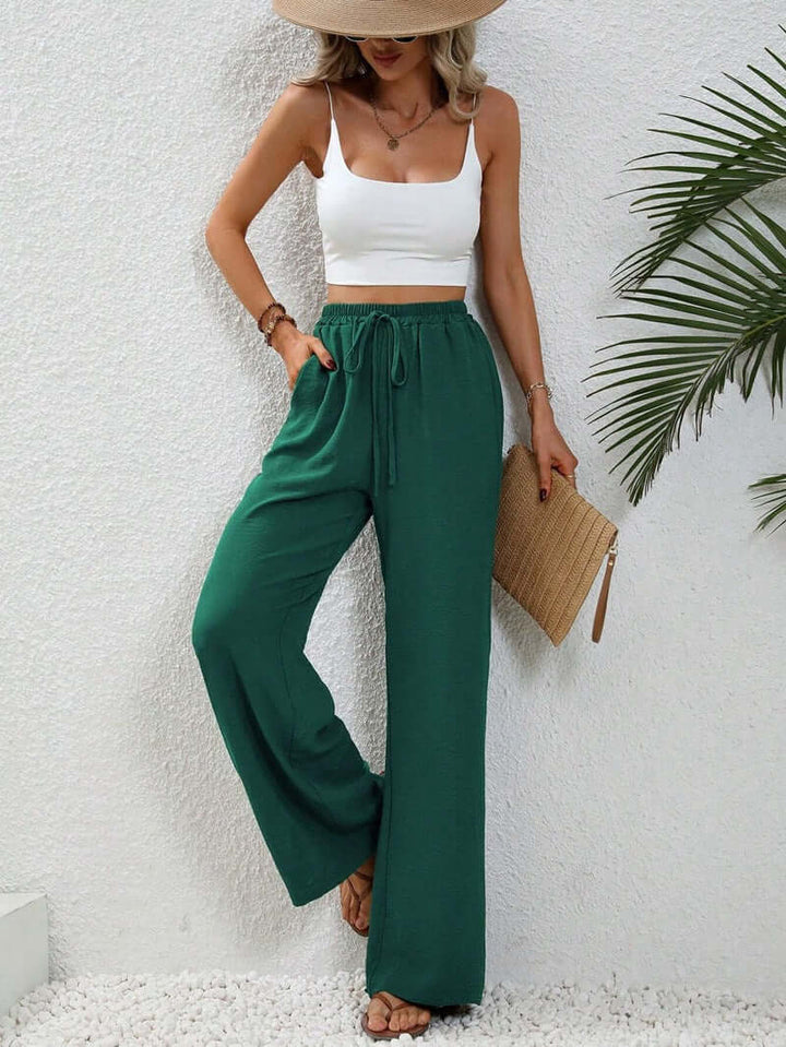 Linen Pants Women High Drawstring | Wide Leg in a Bright Cobalt – Green #colour_green