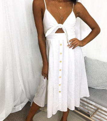 Summer Dress Women Midi Length | Knotted Bow Bust and Wooden Buttons in White#colour_white