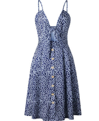 Summer Dress Women Midi Length | Knotted Bow Bust and Wooden Buttons in Blue#colour_blue