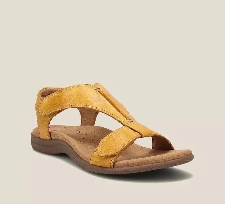 Leather Sandals Women T Strap | Soft Arch Support Footbed – Yellow #colour_yellow