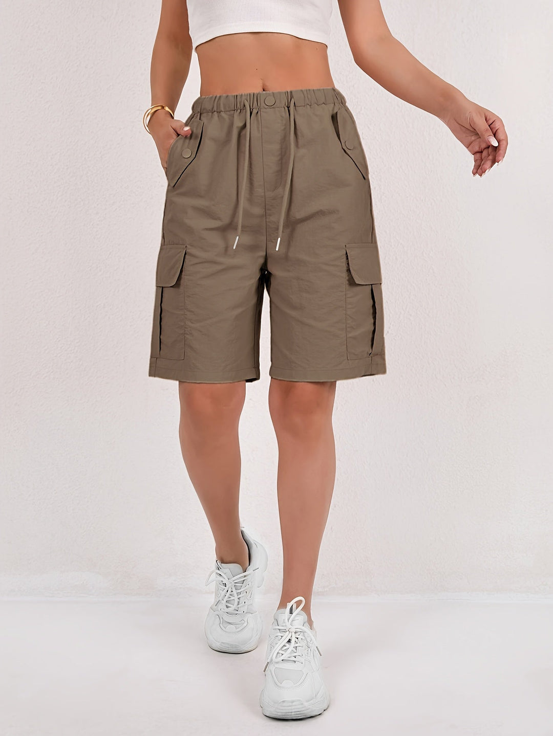 Shorts Cargo Bermuda Women | Utility Pockets Elastic Waist in Camel#colour_camel