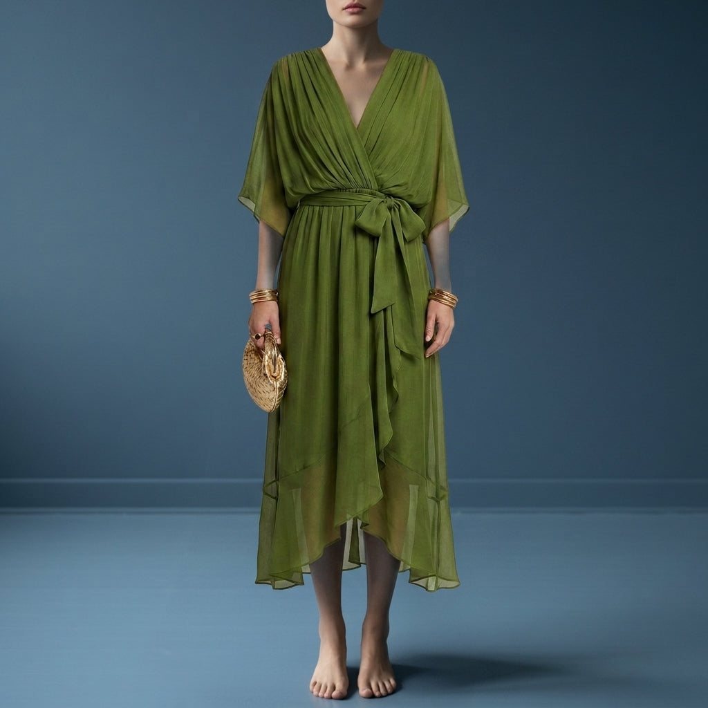 Black Dress Women with Wrap Front in Olive#colour_olive