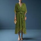 Black Dress Women with Wrap Front in Olive#colour_olive