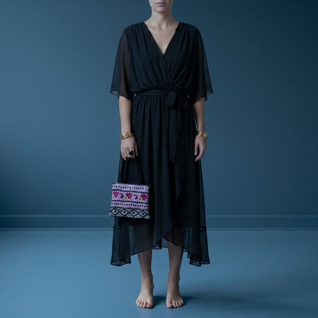 Black Dress Women with Wrap Front in Black#colour_black