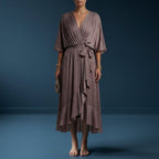 Black Dress Women with Wrap Front in Brown#colour_brown