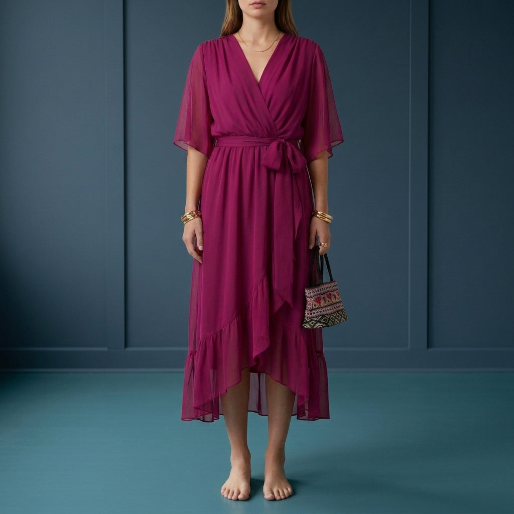 Black Dress Women with Wrap Front in Pink#colour_pink