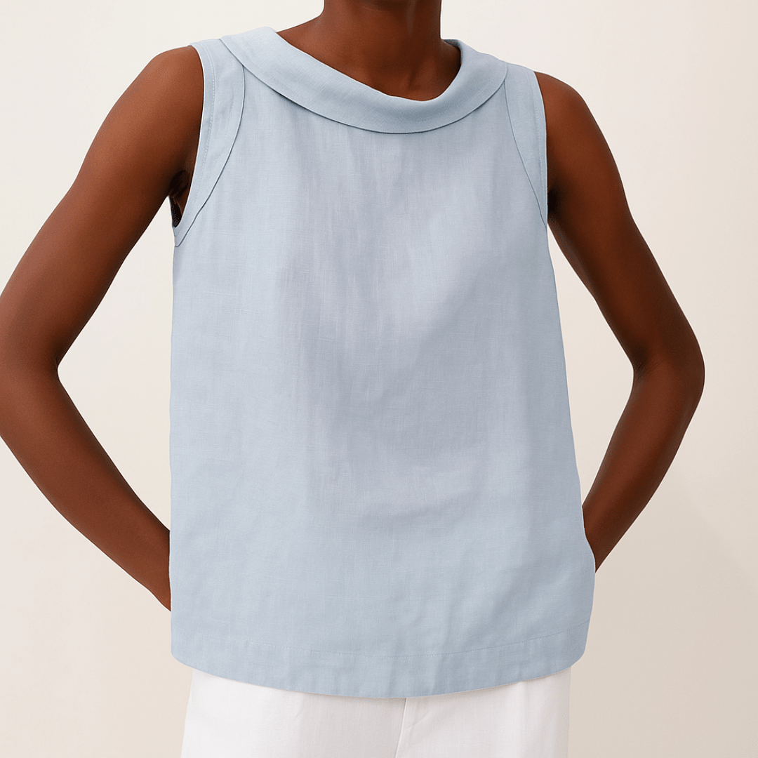 Top Women Sleeveless Roll Collar | Washed Linen Boxy Shell in Blue#colour_blue