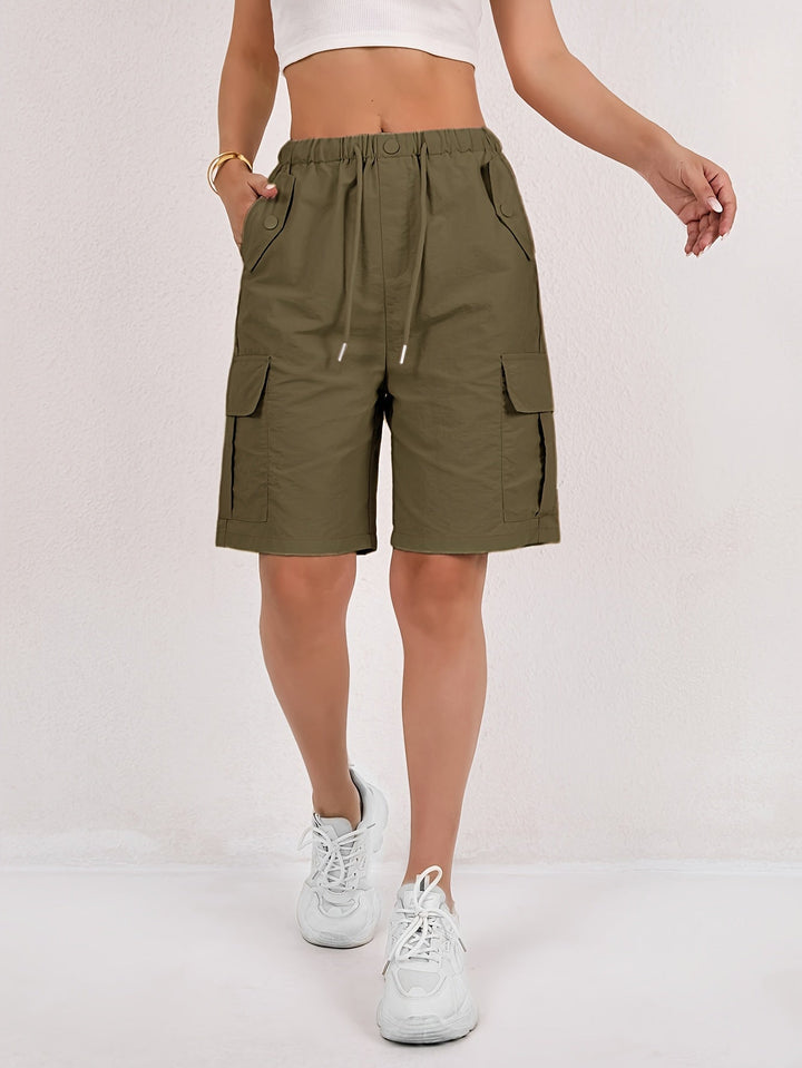 Shorts Cargo Bermuda Women | Utility Pockets Elastic Waist in Olive#colour_olive