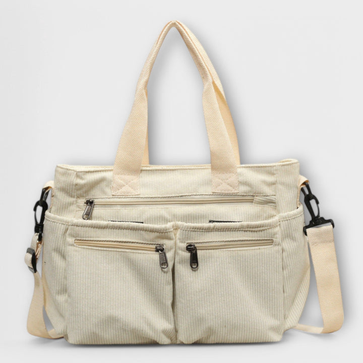 Tote Bag Women Multi Pocket Canvas | Zip Front and Crossbody Strap – Beige #colour_beige