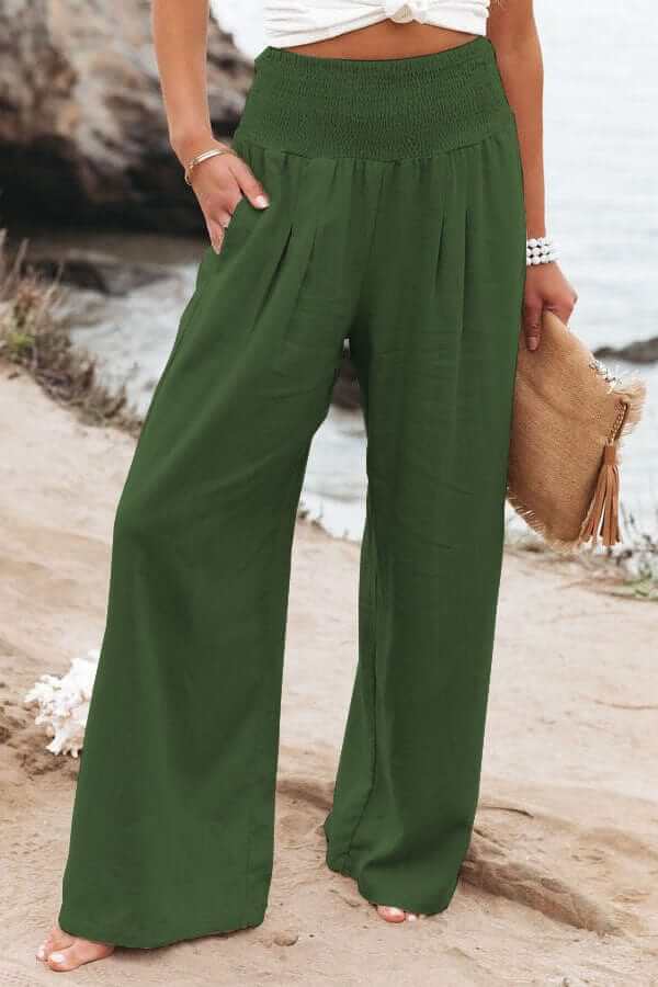 Linen Pants Women Smocked Waistband | Cotton Blend with Straight Leg – Green #colour_green