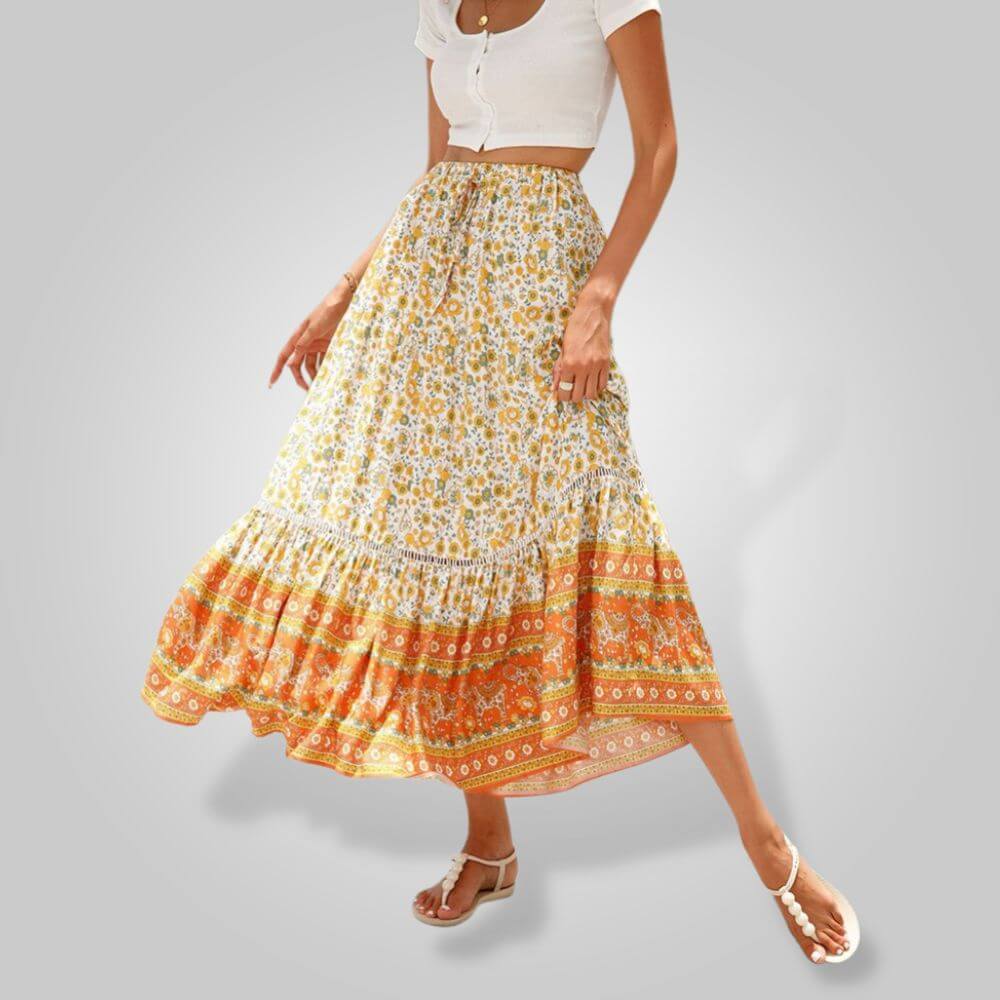Maxi Skirt Women Paisley Print | Tiered Cut with Ruffled Hem – Orange #colour_orange