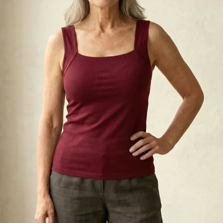 Singlet Women Built In Shelf Bra | Square Neck Ribbed Cotton in Burgundy#colour_burgundy