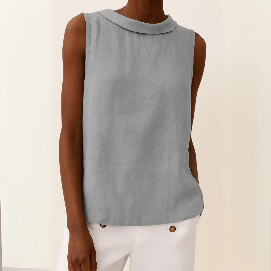Top Women Sleeveless Roll Collar | Washed Linen Boxy Shell in Grey#colour_grey