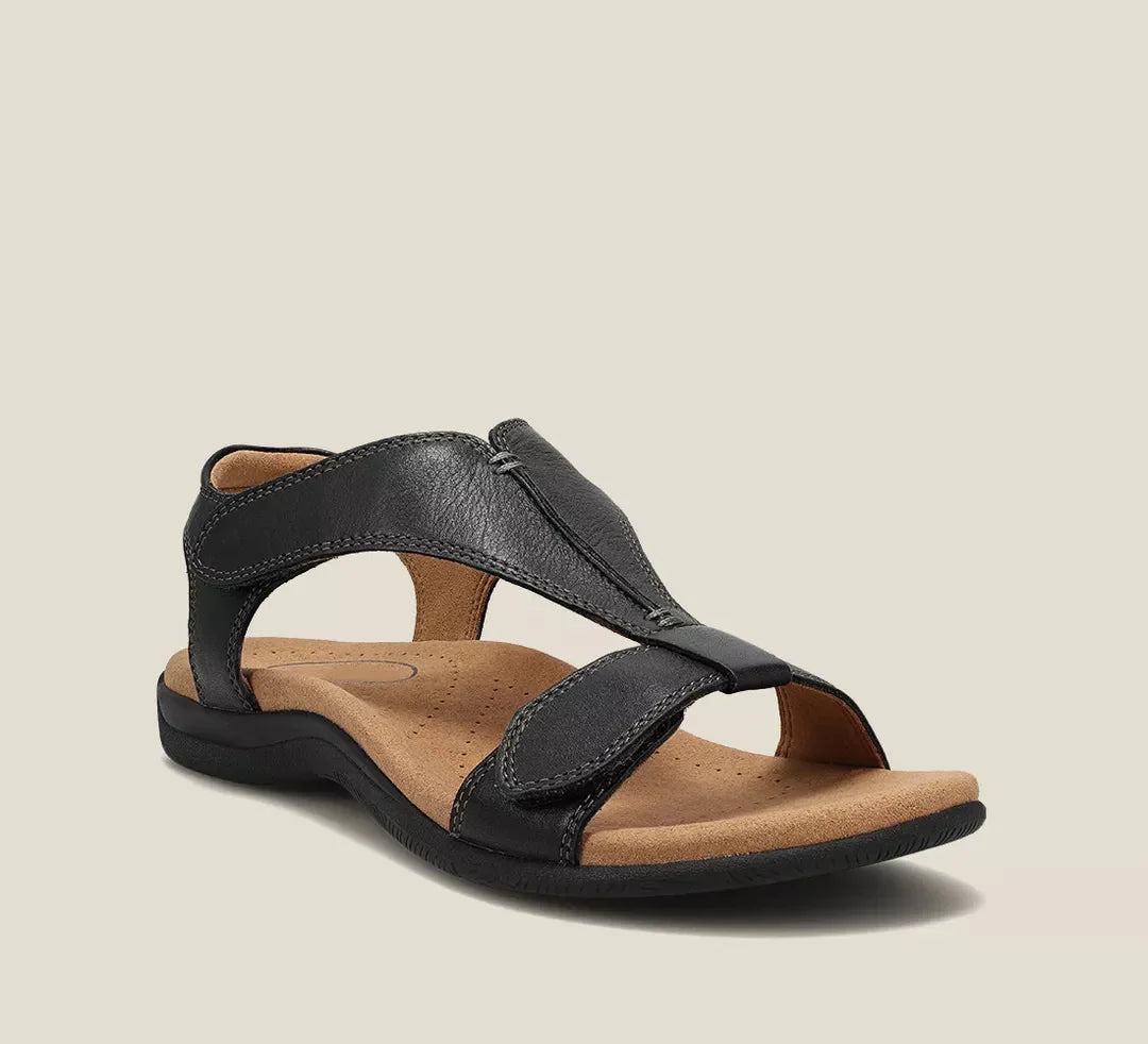 Leather Sandals Women T Strap | Soft Arch Support Footbed – Black #colour_black