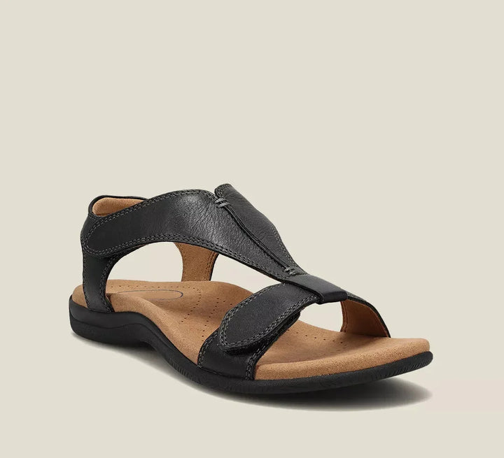 Leather Sandals Women T Strap | Soft Arch Support Footbed – Black #colour_black