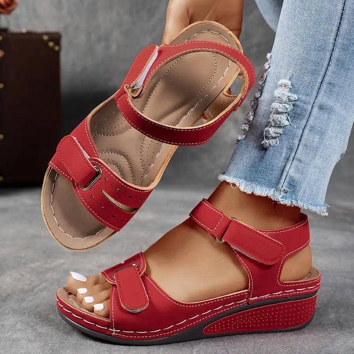 Sandals Women Studded Straps | Soft Leather Wedge Footbed – Red #colour_red