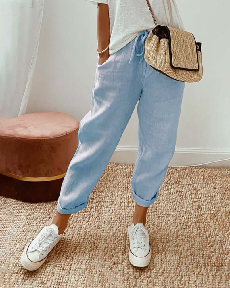 Linen Pants Women Drawstring Waist | Tapered Leg and a Folded Cuff – Blue #colour_blue