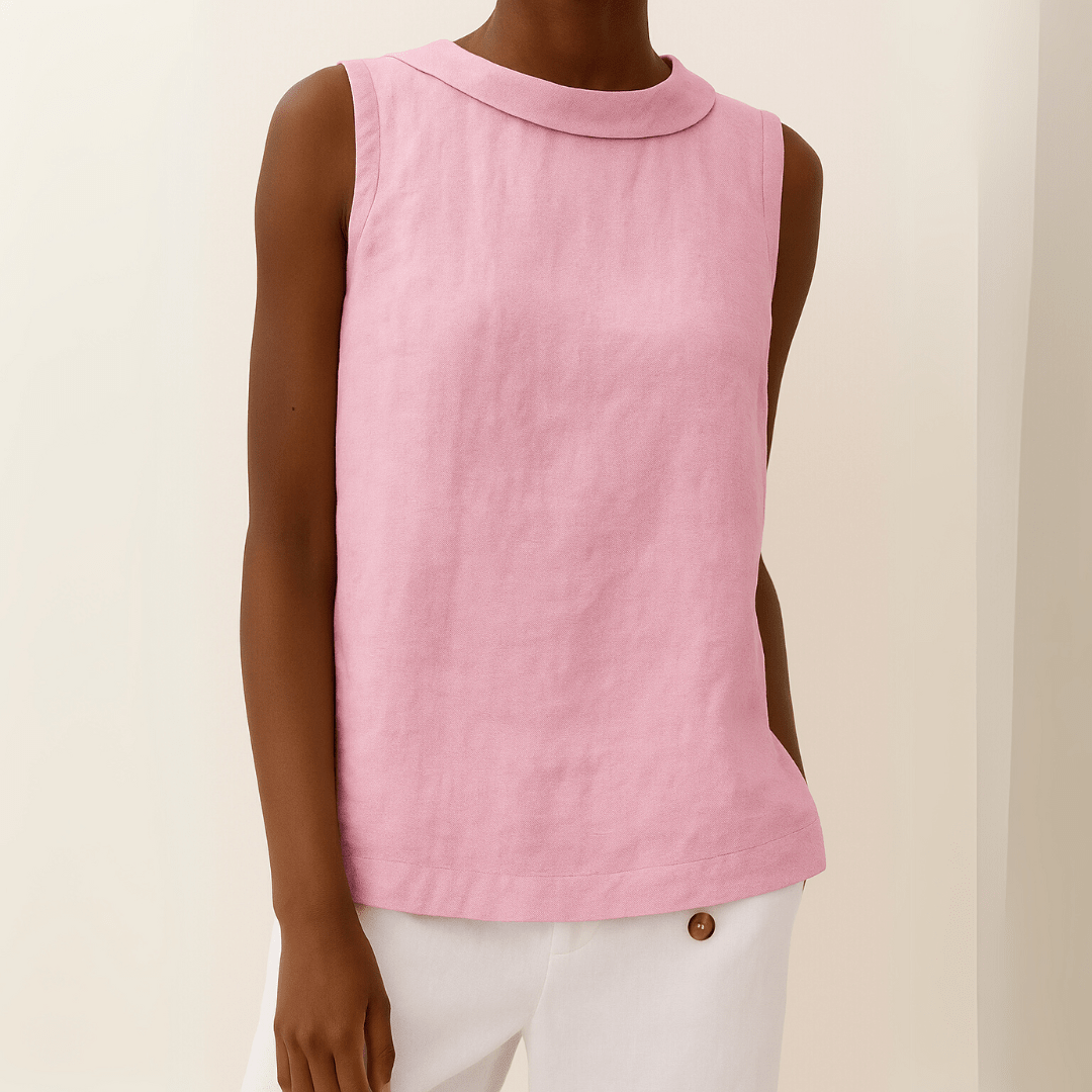 Top Women Sleeveless Roll Collar | Washed Linen Boxy Shell in Pink#colour_pink