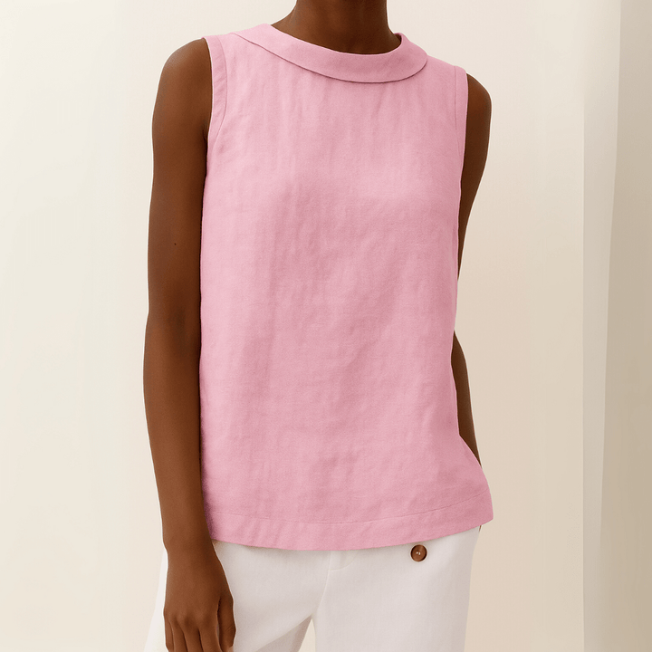 Top Women Sleeveless Roll Collar | Washed Linen Boxy Shell in Pink#colour_pink