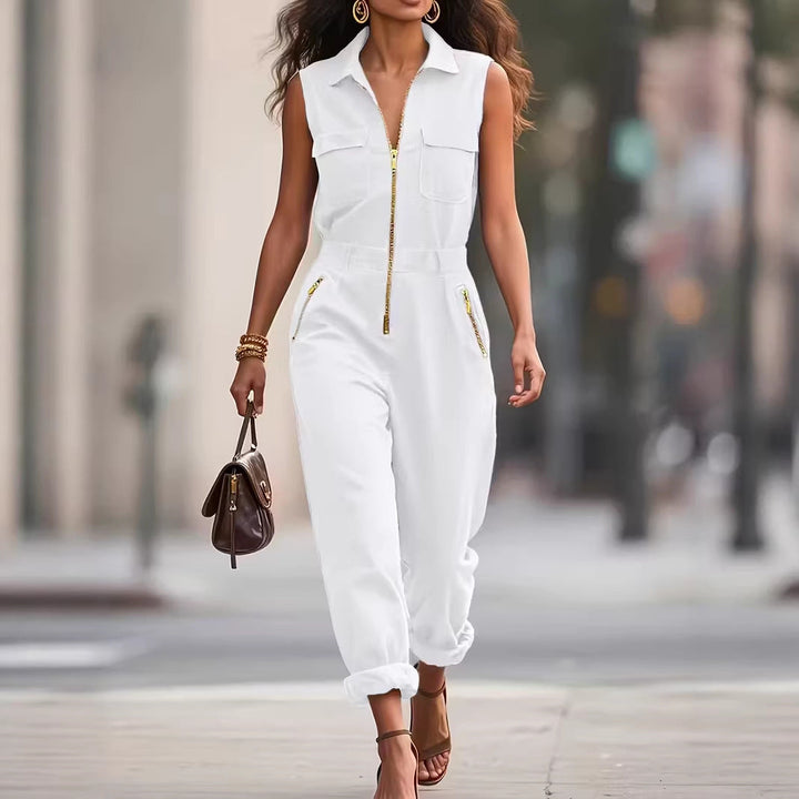 Jumpsuit Women Sleeveless Utility Denim | Full Length Zip and Patch Pockets in White#colour_white