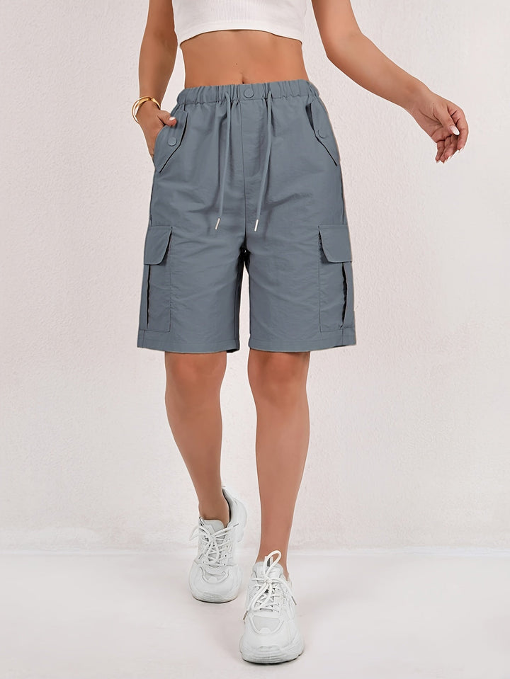 Shorts Cargo Bermuda Women | Utility Pockets Elastic Waist in Grey#colour_grey