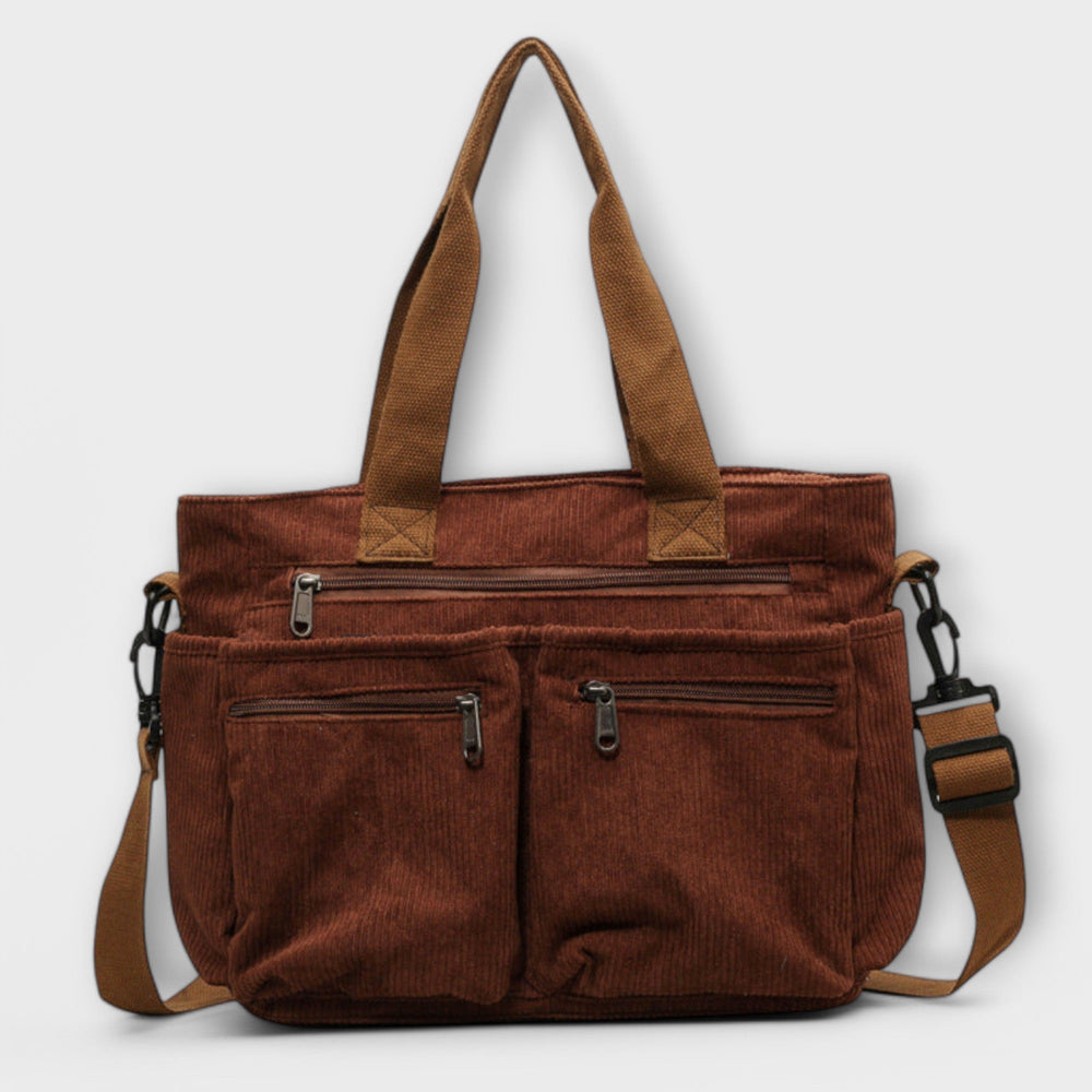 Tote Bag Women Multi Pocket Canvas | Zip Front and Crossbody Strap – Brown #colour_brown