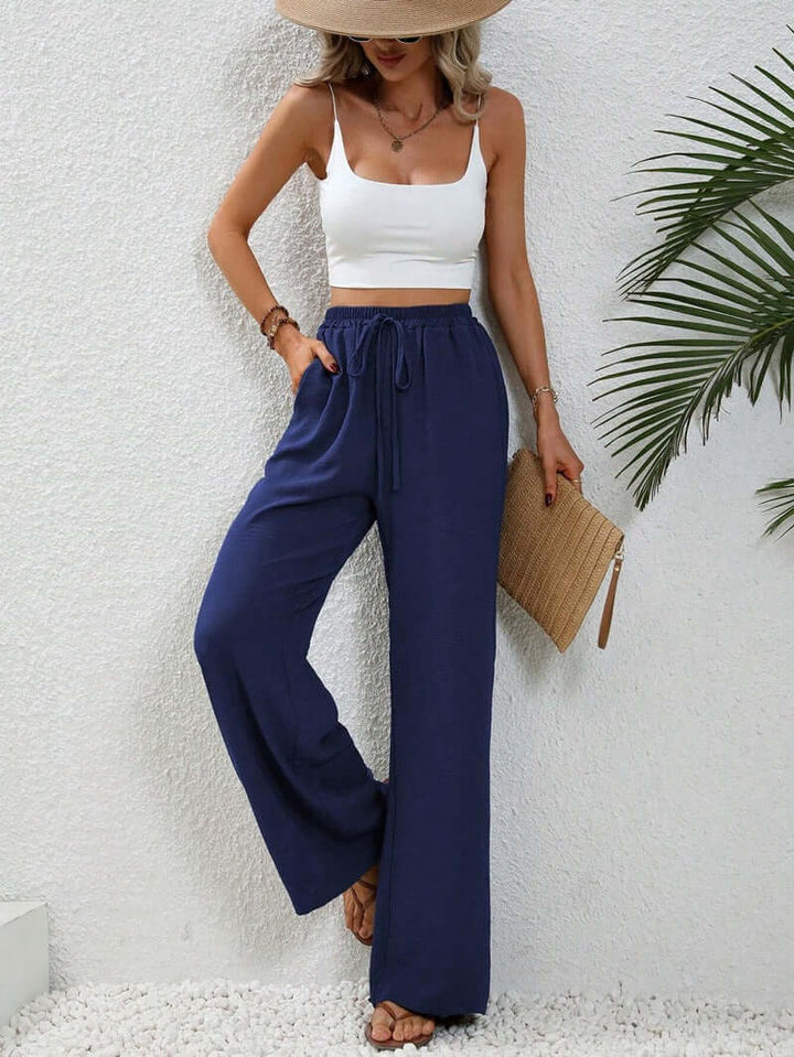 Linen Pants Women High Drawstring | Wide Leg in a Bright Cobalt – Navy #colour_navy