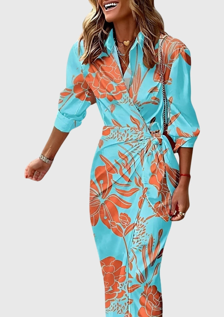Wrap Dress Women Geometric Print Midi | Blouson Sleeves and Side Tie in Turquoise#colour_turquoise