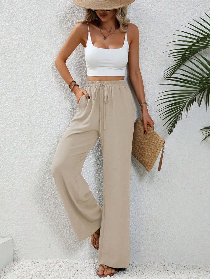 Linen Pants Women High Drawstring | Wide Leg in a Bright Cobalt – Beige #colour_beige