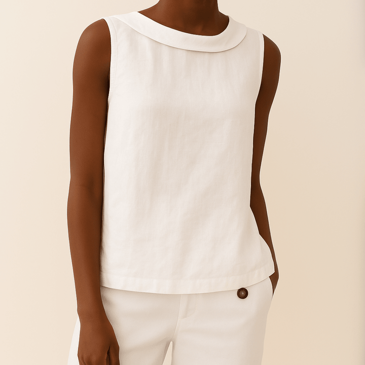 Top Women Sleeveless Roll Collar | Washed Linen Boxy Shell in White#colour_white