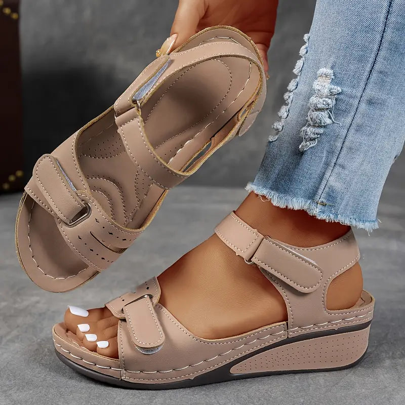 Sandals Women Studded Straps | Soft Leather Wedge Footbed – Beige #colour_beige