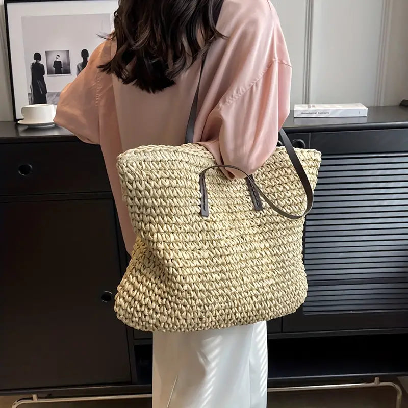 Tote Bag Women Chunky Woven Straw | Leather Strap Summer Carry in Beige#colour_beige