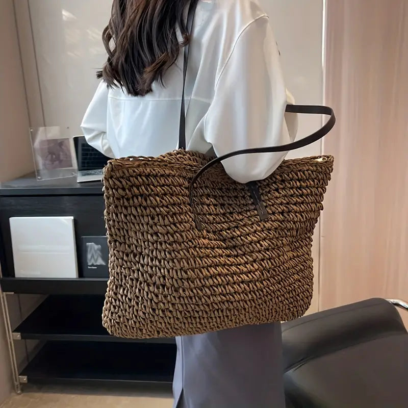 Tote Bag Women Chunky Woven Straw | Leather Strap Summer Carry in Chocolate#colour_chocolate